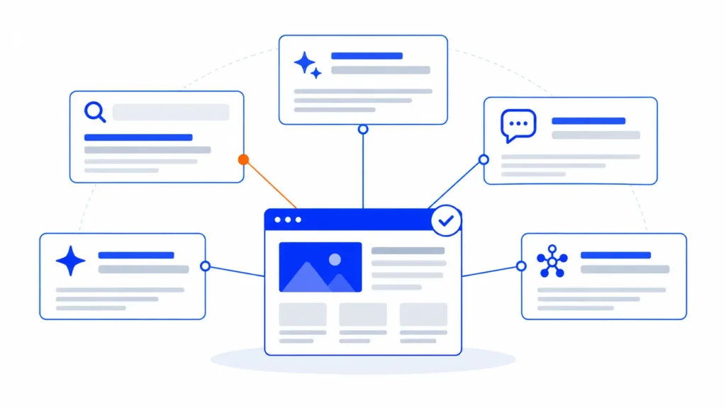 Una página web indexada conectada como fuente citada en las respuestas de AI Overviews, Modo IA, ChatGPT, Gemini y Perplexity