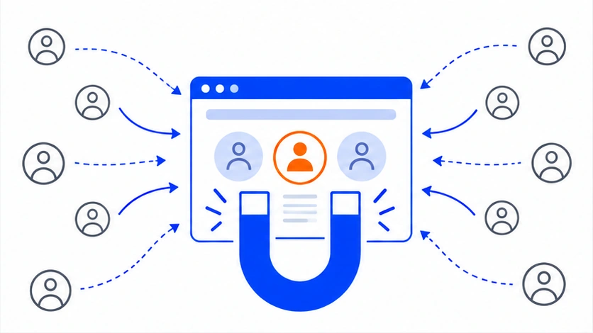 Una página web representada como un imán que atrae iconos de usuarios, metáfora de cómo atraer clientes con tu web