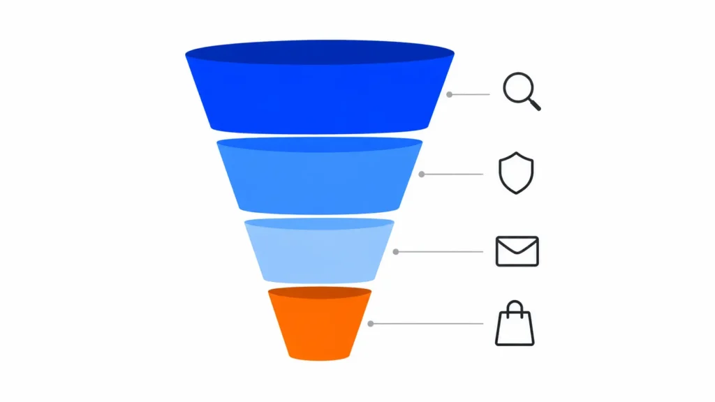 Los beneficios de un blog corporativo ordenados por fases del embudo: visibilidad, confianza, captación y ventas