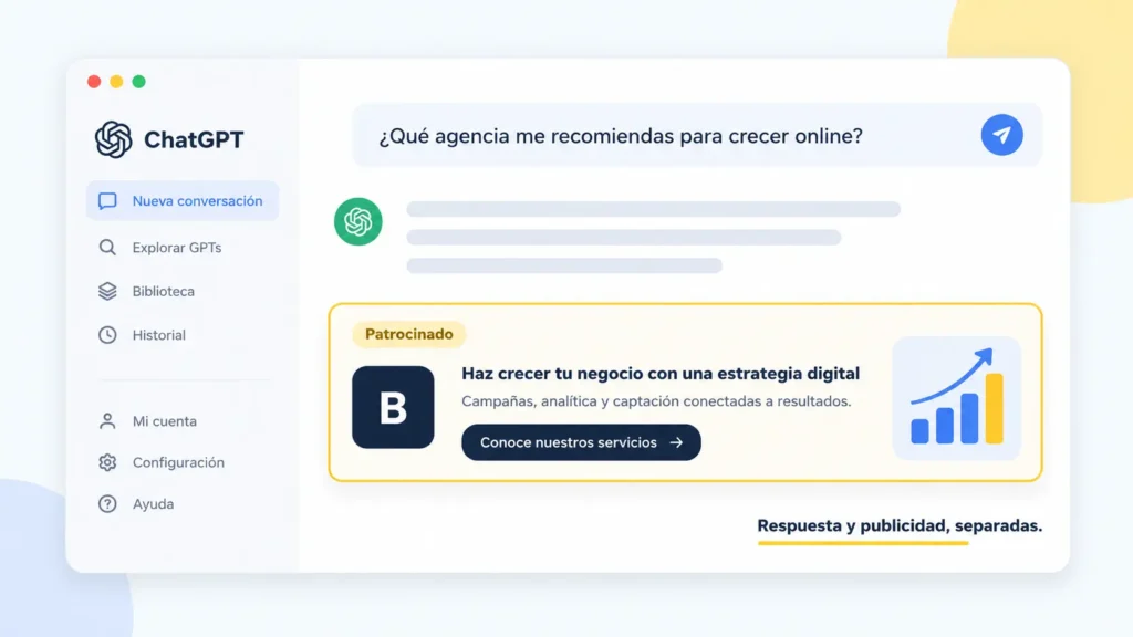 Anuncio patrocinado mostrado debajo de una respuesta de ChatGPT dentro de una conversación