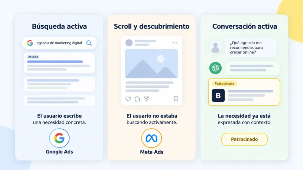 Comparación visual de ChatGPT Ads, Google Ads y Meta Ads según el momento en que impactan al usuario