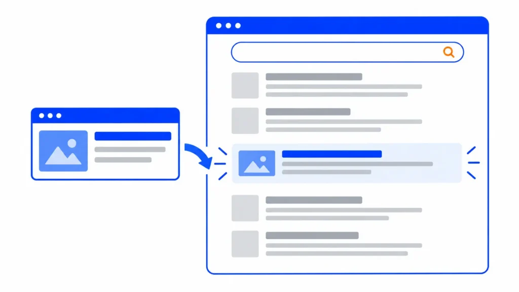 Una página web entrando en la lista de resultados de un buscador, metáfora de cómo hacer que tu web aparezca en Google
