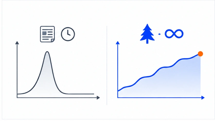 Comparativa de la curva de tráfico de un contenido de actualidad, con pico y caída, frente a un contenido evergreen que crece y se mantiene
