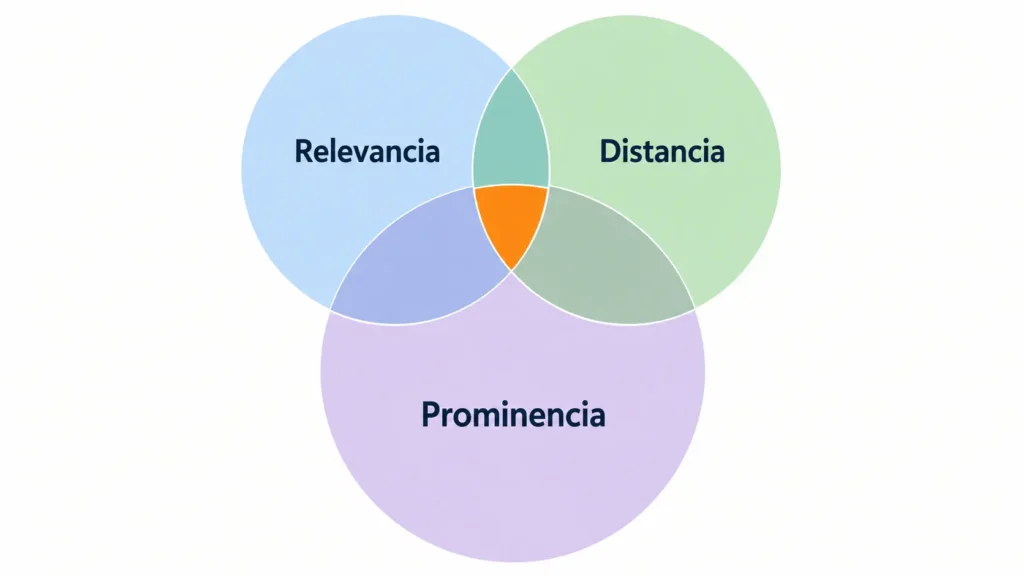 Diagrama de los tres factores del ranking local de Google
