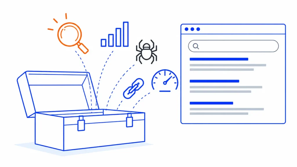 Caja de herramientas con iconos de búsqueda, analítica, rastreo, enlaces y velocidad, que representa las mejores herramientas SEO