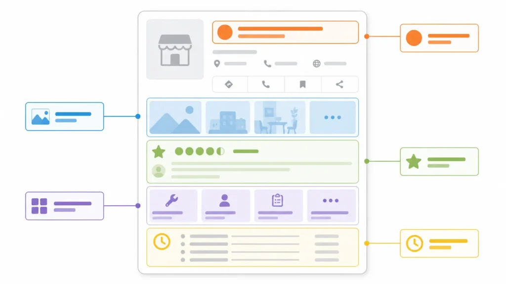 Esquema de una ficha de Google Business Profile con sus campos clave señalados