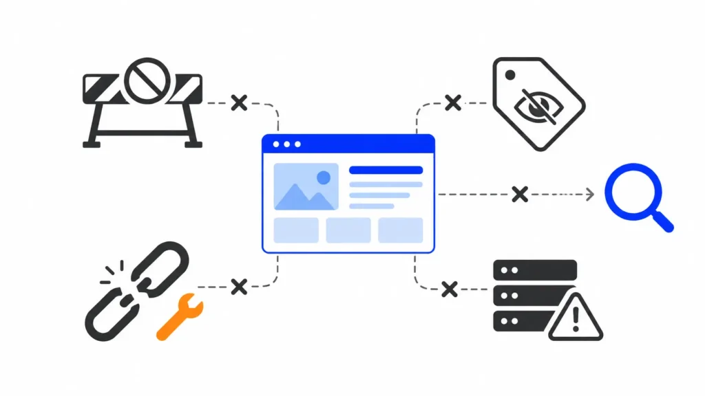 Causas por las que una página web no aparece en Google: bloqueo en robots.txt, etiqueta noindex, falta de enlaces y errores del servidor