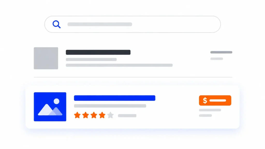 Resultado de búsqueda plano frente a resultado enriquecido con estrellas y precio