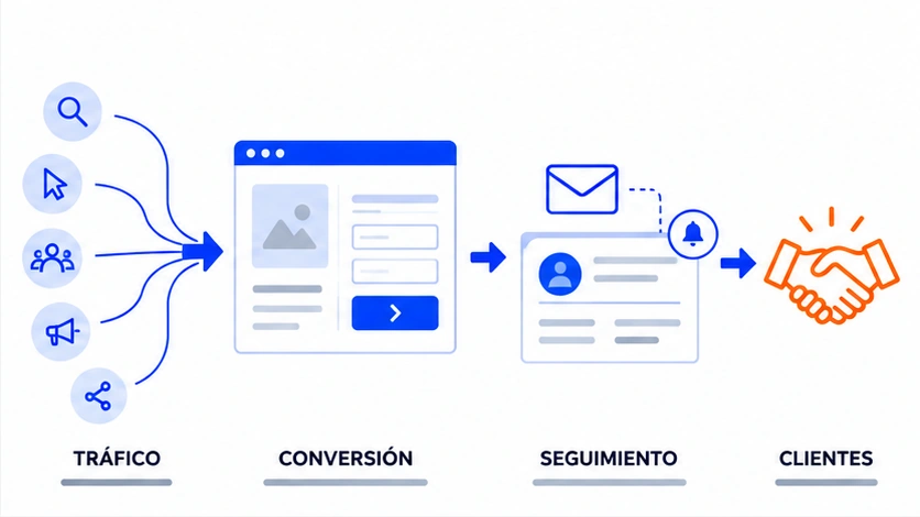 Diagrama del sistema para atraer clientes con la web en tres fases: tráfico, conversión y seguimiento hasta cerrar el cliente
