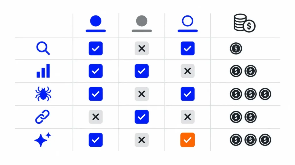 Tabla comparativa de herramientas SEO con su uso, plan gratuito y precio de entrada